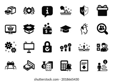 Vector Set of simple icons related to Customer satisfaction, Uv protection and Laureate icons. Download file, Packing boxes and Web shop signs. Accounting wealth, Work and Calculator alarm. Vector
