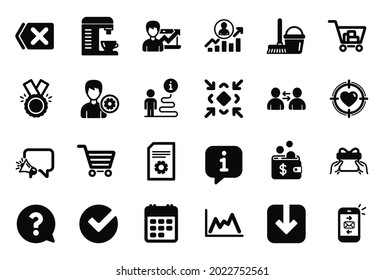 Vektorset mit einfachen Symbolen zu Kommunikation, Ehre und Eimer mit Mop-Symbolen. Megaphone, Überprüfen und Support-Zeichen. Dateieinstellungen, Dokument und Kalender laden. Fragezeichen, Diagramm. Vektorgrafik