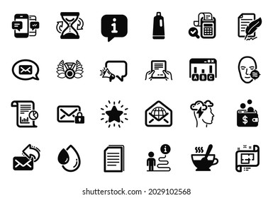 Juego de vectores de iconos simples relacionados con los iconos de Tea cup, Report y Messenger. Señales de resultados de Shampoo, medalla de Laureate y Encuesta. Firma de plumas, SMS de Smartphone y correo web. Copiar archivos. Vector