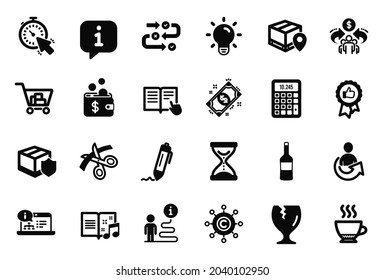 Vector Set de iconos simples relacionados con la compra de Internet, paquete Fragile e iconos del libro de música. Espresso, documentación en línea y signos de la Calculadora. Timer, Wine y retroalimentación positiva. Compartir. Vector