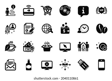 Vector Set of simple icons related to Time management, Internet and Contactless payment icons. Vinyl record, Monitor settings and Usb flash signs. Smartphone, Remove purchase and Partnership. Vector