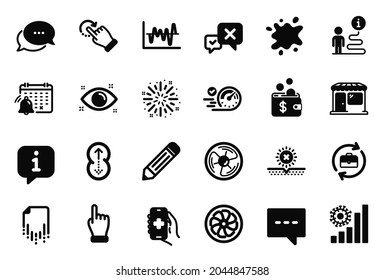 Vector Set of simple icons related to Stock analysis, Click hand and Notification calendar icons. Rotation gesture, Dots message and Fireworks explosion signs. Reject, Human resources. Vector