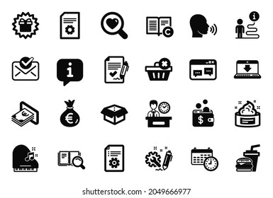 Vector Set of simple icons related to File settings, Search book and Approved agreement icons. Delete order, Hamburger and Search love signs. Approved mail, Human sing and Presentation time. Vector