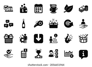 Vector Set of simple icons related to Jazz, World globe and Present box icons. Savings, Recruitment and Tea signs. Operational excellence, Whistle and Champagne. Employee, Calculator. Vector