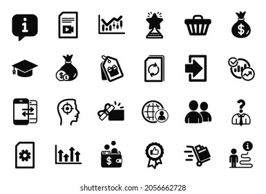Vector Set of simple icons related to Winner, Hiring employees and Cash icons. Positive feedback, Phone communication and Opened gift signs. Graduation cap, Push cart and File management. Vector