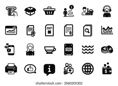 Vector Set of simple icons related to Woman, Feedback and Printer icons. Bombon coffee, Support and Search files signs. Waves, Opened box and Dating chat. Investment, Savings and Attachment. Vector