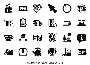 Conjunto de vectores de iconos simples relacionados con la documentación de Ingeniería, tarjetas de pago e iconos de conferencias Web. Señales de pago de bucle, ganador y rechazado. Cubo con mop, entrega de camiones y tetera. Vector