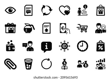 Vector Set of simple icons related to Shopping cart, Ice tea and Finance icons. Hearts, Copywriting network and Time signs. Coffeepot, Manager and Eye. Holidays shopping, Person talk. Vector