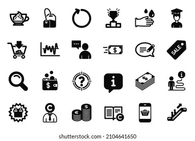 Vector Set of simple icons related to Smartphone buying, Winner podium and Users chat icons. Copyright, Shopping and Search signs. Loop, Student and Rubber gloves. Tea bag, Surprise gift. Vector