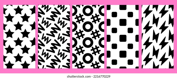 Vector set of simple illustration with black color circle, star, zigzag and flash on white background. Flat style seamless pattern design with round and sharp shape for web, site, banner, print