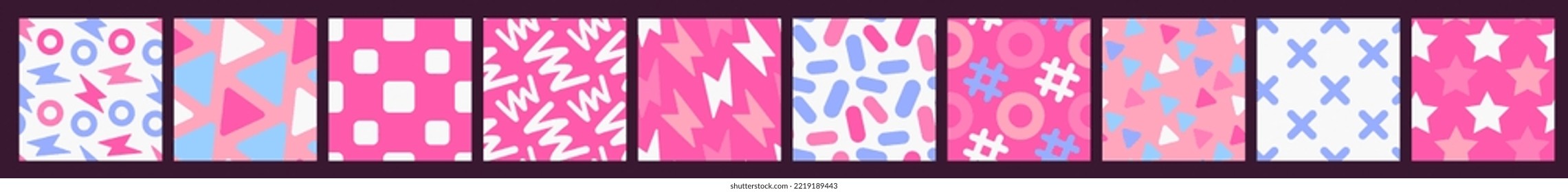 Vector set of simple illustration with pink, blue and white color circle, line, star and flash on color background. Flat style seamless pattern design with round and sharp shape for web, site, banner