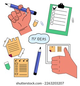 Vector set of simple illustrations for drawing up a plan. Human character and stationery in blue on a white background. Flat design style minimal vector illustration.