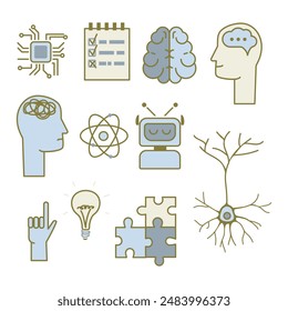 Vector set of simple images related to thinking, awareness and science in grey, blue and yellowish colours on white background.