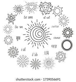 Vector set of simple images of the sun of various shapes and inscriptions of the word " sun " in various languages of the world.