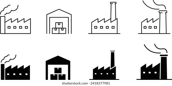 Vector Set of Simple Line Drawing and Silhouette Icons for Factories