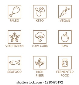 Vector set of simple linear icons - healthy nutrition and dieting - paleo, keto, vegan food - badges for  natural healthy products packaging