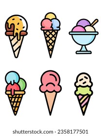 Vector set of simple linear icons. Ice cream logo, set of ice cream icons, such as parfait, frozen yogurt, ice cream sundae, vanilla, chocolate