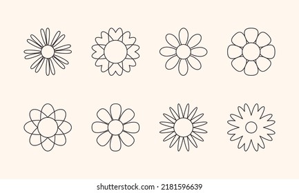 Vector set of simple linear style boho flower icons, symbols. Abstract design element templates in modern minimalist style for branding, social media, artisan product, print, packaging, logo, sticker