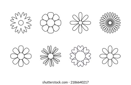Vector set of simple linear style boho flower icons, symbols. Abstract design element templates in modern minimalist style for branding, social media, artisan product, print, packaging, logo, sticker