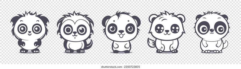Vector set of simple monochrome cartoon cute little baby animals. Stickers or icons. Nice pets. Isolated background.