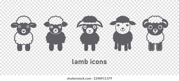 Vector set of simple monochrome icons of cute little lambs. Farm stickers. Sheep children. Isolated background.