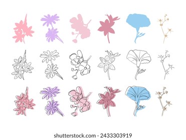 Vector set of simple multicolored and black stroked flowers. Graphic illustration for tattoo,prints,decor,wallpapers,backgrounds and web