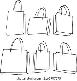 Vector set: simple paper shopping bags in sketch style. Black and white elements for design illustrations, poster, flyer about sale.