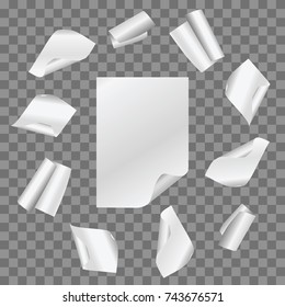 Vector set of simple papers flying in circle on transparent background.