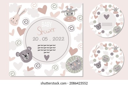 Vector set of simple pastel baby shower card with animal face in Scandinavian style 