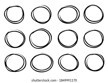 Vector set of simple round frames isolated on white background. Line art, freehand style