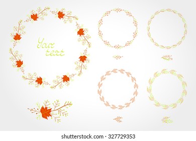 Vector set of simple round frames with autumn leaves and branches. In orange and bright green colors.