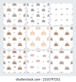 Vector set of simple seamless children's patterns. Rainbow, rain, lettering, heart, love
