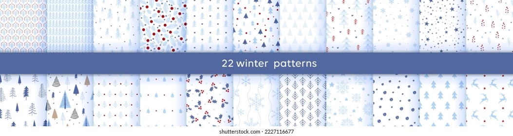 Vector Set of simple Seamless Christmas and New Year`s patterns. Winter and Christmas elements on a dark background. Wrap for gifts.  