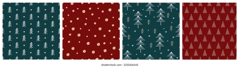 Vector Set of simple Seamless Christmas and New Year`s patterns. Winter and Christmas elements on a dark background. Wrap for gifts.  