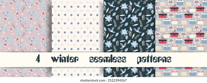 Vector Set of simple Seamless Christmas and New Year`s patterns. Winter and Christmas elements on background. Wrap for gifts.