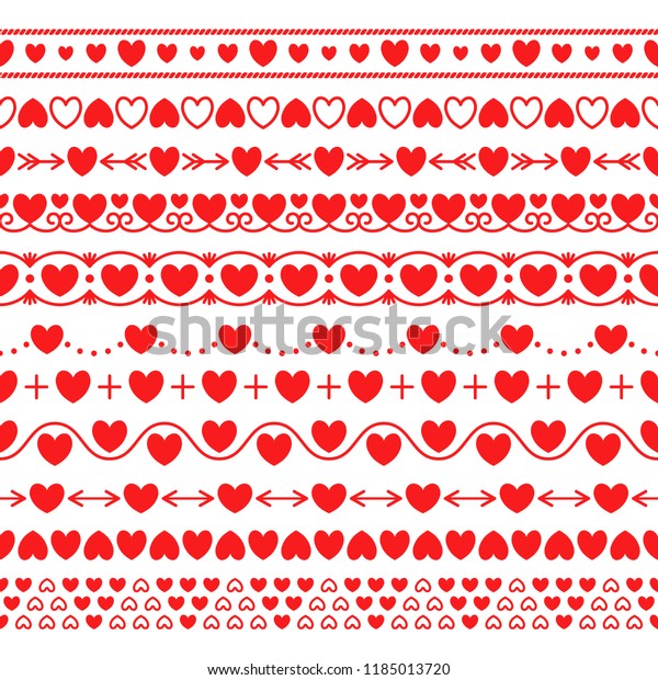 Vector set of simple seamless endless brushes\
with red hearts in modern style for greeting cards on Valentine\'s\
Day, romantic dates, weddings, invitations.For the design of\
frames, borders,\
dividers