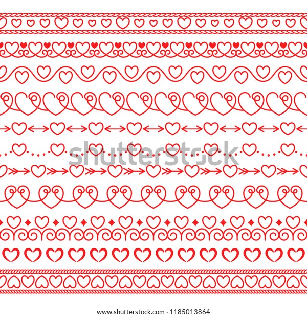 Vector set of simple seamless endless brushes\
with red hearts in a linear style for greeting cards on Valentine\'s\
Day, romantic dates, weddings, invitations.For the design of\
frames, borders,\
dividers