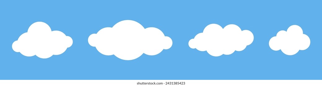 Vector set of simple softness white clouds on blue background. Childish cloud collection in flat design. Speech bubble design.