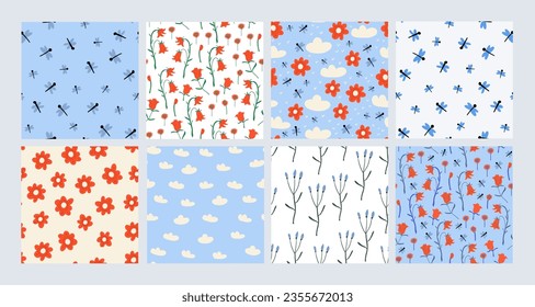 Conjunto vectorial de patrones primaverales simples con libélulas, flores rojas, nubes, cielo sobre fondo blanco y azul claro. Colección de patrones de primavera infantil.