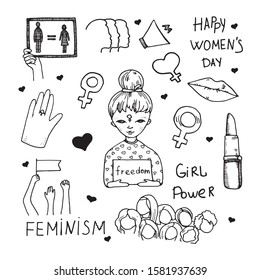 Vector set  in simple style with hand-lettering phrases girl power, print for poster or t-shirt - feminism quotes and woman motivational slogans