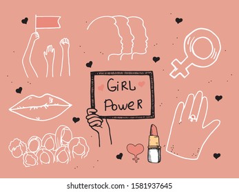 Vector set  in simple style with hand-lettering phrases girl power, print for poster or t-shirt - feminism quotes and woman motivational slogans