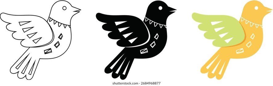 A vector set of a simple, stylized bird in a folk art or naive art style. Includes a clean outline, a silhouette, and a simple colored version.
