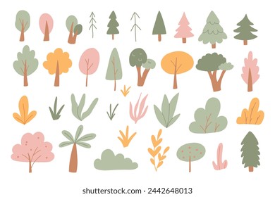 Vector set of simple trees and bushes. Collection of plants for the city isolated on a white background.