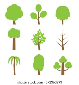 Vector set of simple trees. Flat trees on white background.
