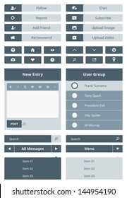 Vector set of simple user interface navigation elements and buttons for website in modern flat design. Isolated on gray background.