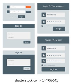 Vector set of simple user interface login and account registration form in modern flat design. Isolated on white background.