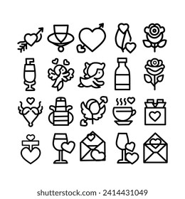 vector set of simple valentines day line icons 