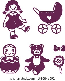 vector set of simplified silhouettes of retro children's toys for girls
