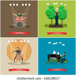 Vector set of singers and musicians posters. Drummer, Soloist, Cellist and Pianist flat style design elements.