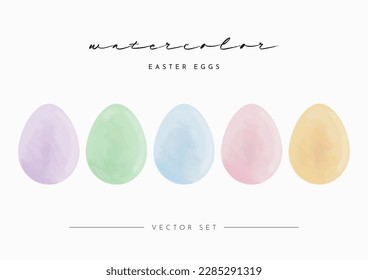 Vector Set Of Single Color Easter Eggs With Watercolor Paint Texture. Pastel Colors Palette. Isolated Elements On A White Background. Great For Easter Designs.